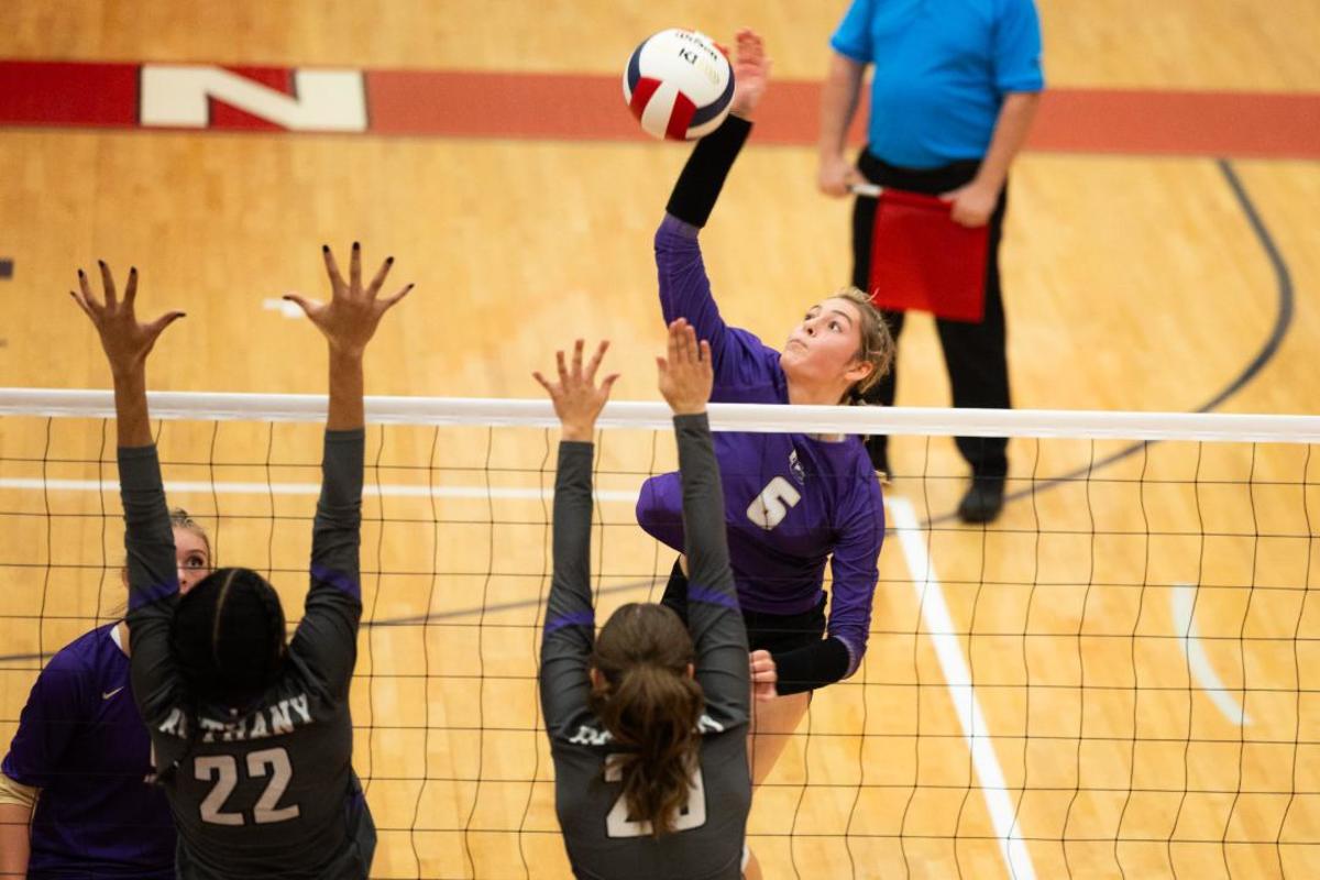 Community Christian senior outside hitter Victoria Gray readies a kill attempt in the Class 4A volleyball state championship match Saturday in Yukon.