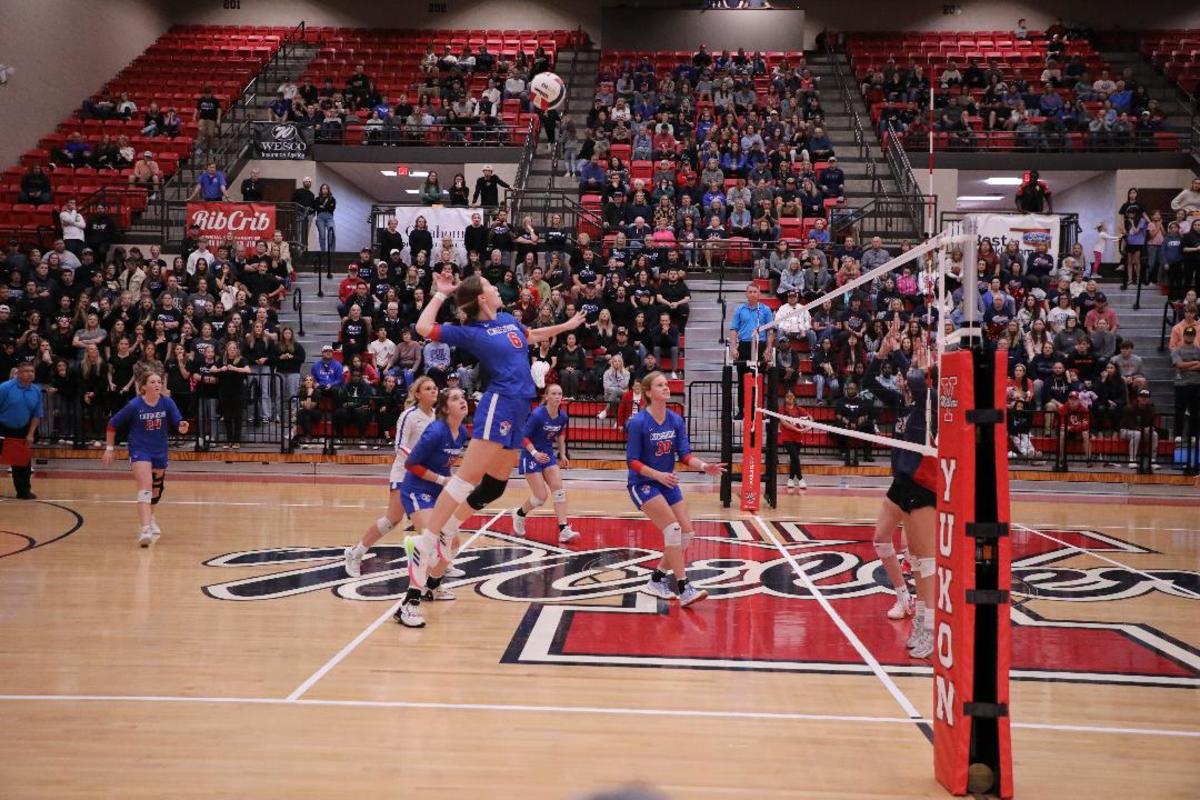 Christian Heritage Academy junior outside hitter Isabelle Harper readies her swing during the Class 3A volleyball state championship match at Yukon High School.