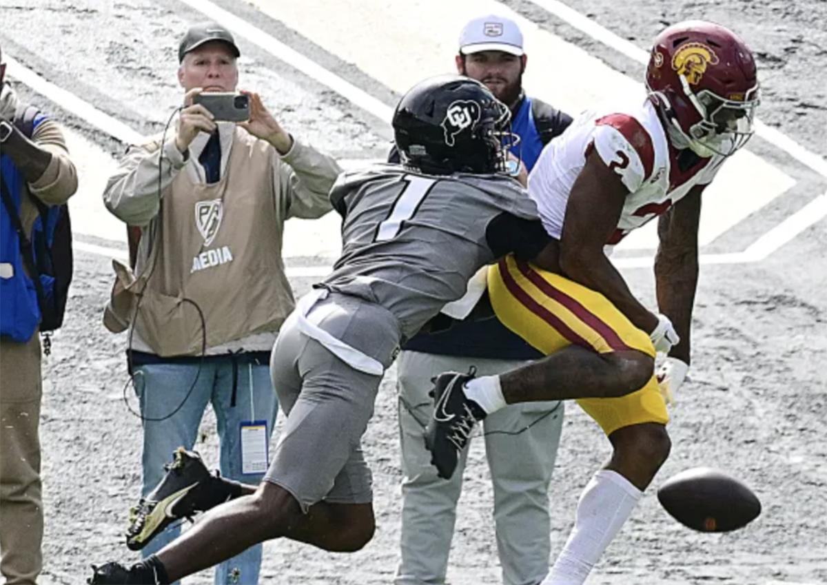 Colorado’s Cormani McClain knocks a pass from USC’s Brenden Rice during Pac-12 football on September 30, 2023.