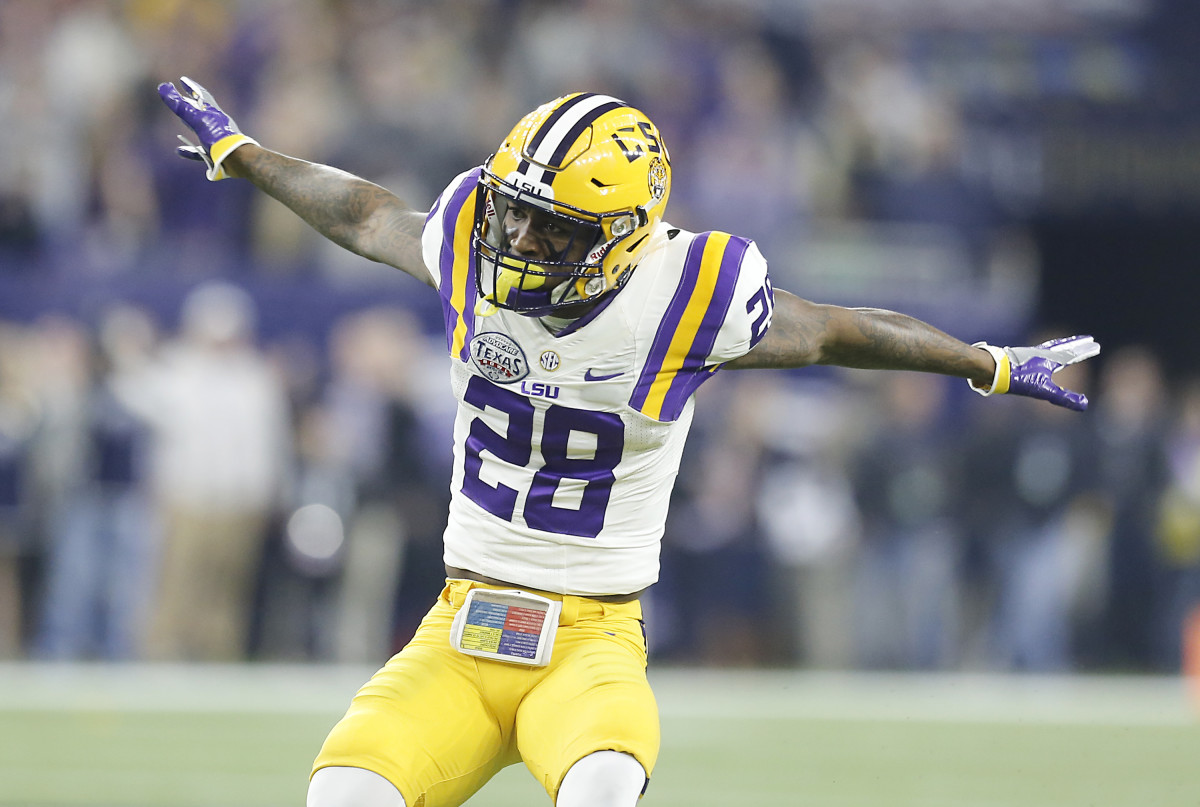 LSU Tigers safety Jalen Mills (28) reacts after making a defensive play against the Texas Tech Red Raiders in the first quarter at NRG Stadium.