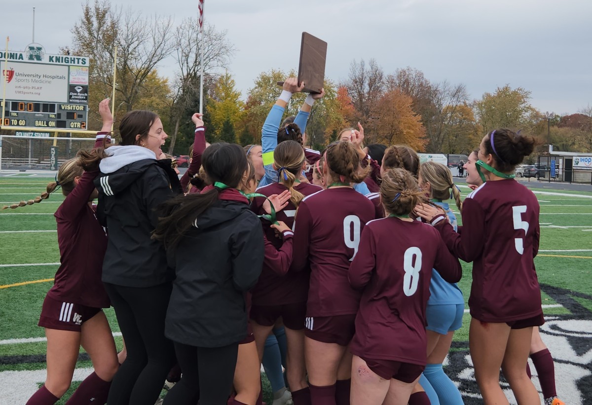 Walsh Jesuit girls soccer celebrates winning the regional championship on Saturday, November 4, 2023. Photo credit: Ryan Isley, SBLive Sports  