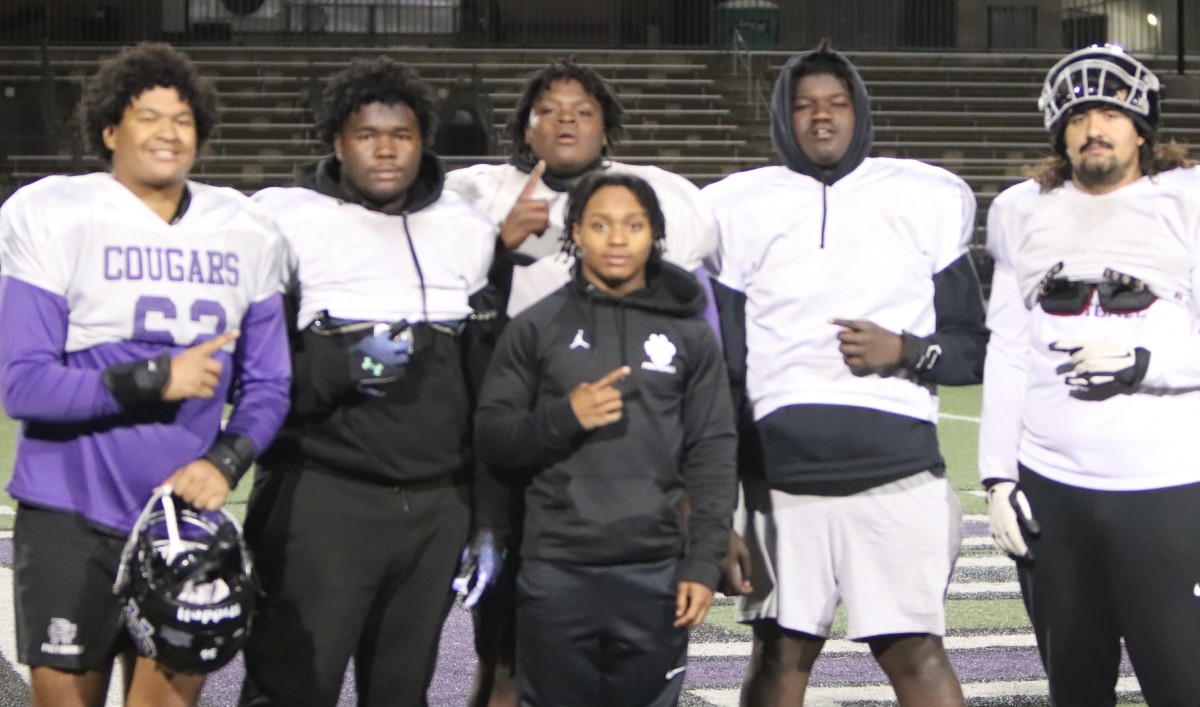 Rancho Cucamonga star running back Trey Wilson and his offensive linemen (left to right) Justice Turner, Raymond Jacobs, Derrick Cooper, Malik White, and Gabriel Alvarado.
