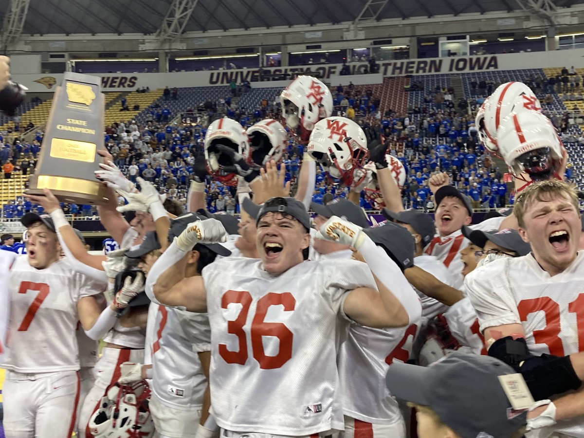 West Hancock celebrates after winning the Class A state championship. (Photo by Nick Petaros)