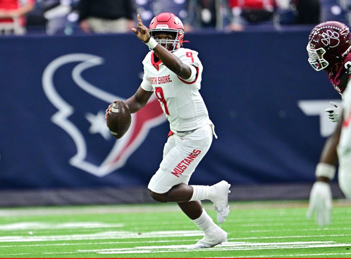 North Shore junior Kaleb Bailey, who has more than one 6A Division I state title appearances under him, rolls out of the pocket during a 2023 regular season win over Cy-Fair.