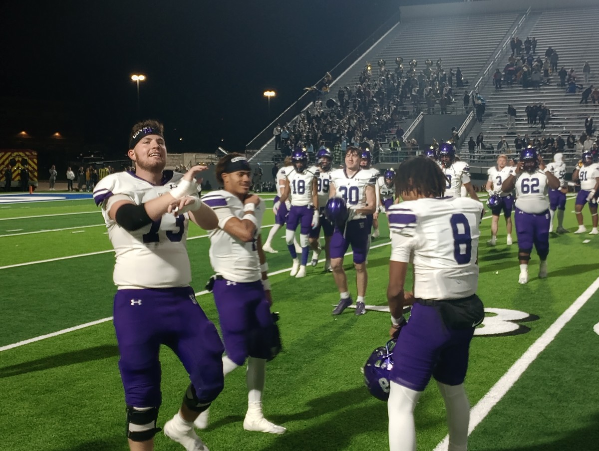 Anna players celebrate after the Coyotes' 41-21 win against Stephenville in the Class 4A Division I regional championship game on Dec. 1, 2023.