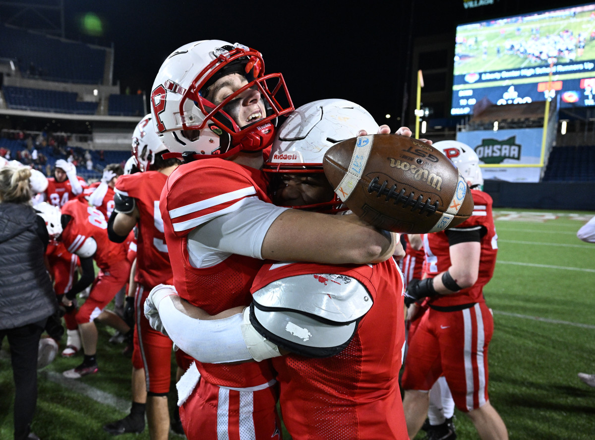 Perry players celebrate winning the 2023 OHSAA Division V state championship. Photo credit: Jeff Harwell, SBLive Sports