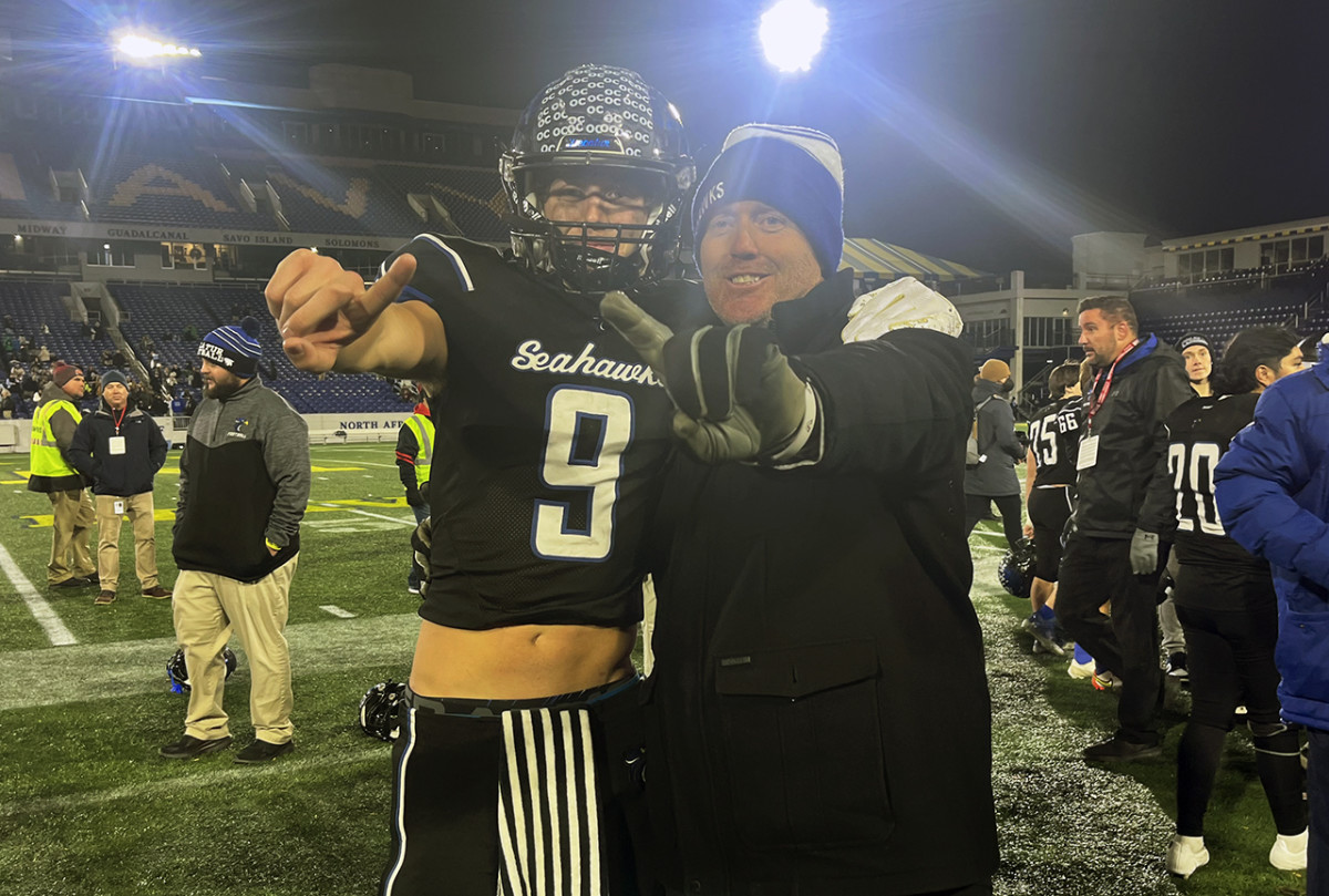 It was an unforgettable night for Brycen Coleman (left) and his father Jake last Thursday at Navy-Marine Corps Memorial Stadium. With Jake as coach and Bryson at quarterback, Stephen Decatur completed a 14-0 season with the Class 2A state championship.