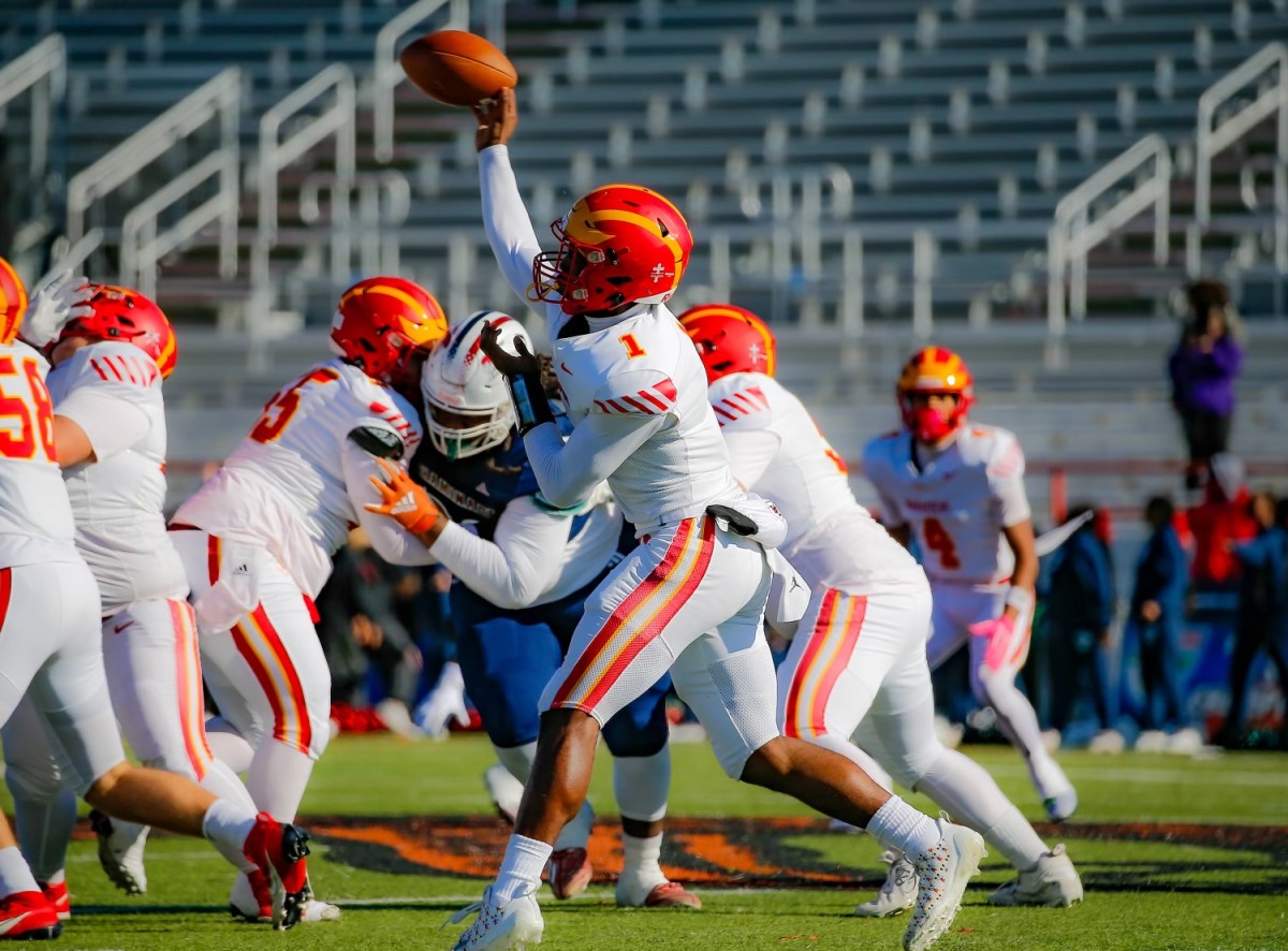 Clearwater Central Catholic quarterback Jershaun releases a pass in the Florida 1M state championship game against Chaminade Madonna. 12/7/2023