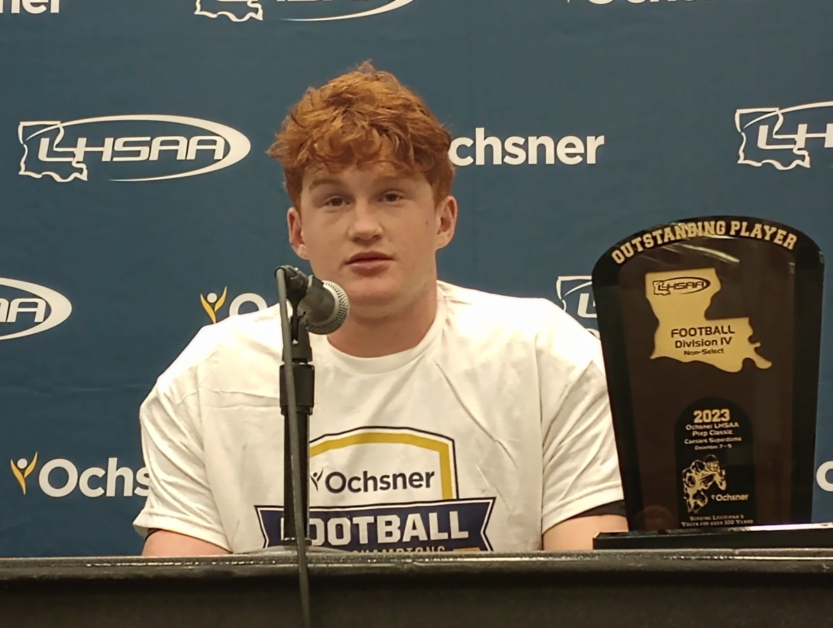 Oak Grove junior quarterback Jackson Bradley talks during the postgame press conference following the Tigers' Division IV non-select state title win Dec. 7, 2023. 
