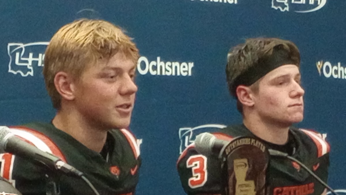 Catholic-Baton Rouge quarterback Daniel Beale (left) and receiver Bradley Wright are shown postgame following the Bears' Division I select championship win Dec. 8, 2023.