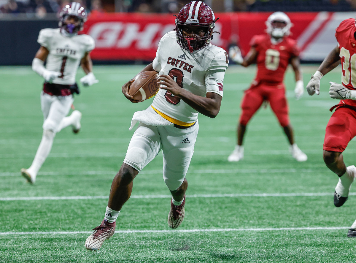 Coffee senior running back Fred Brown was one of the top contributors for the Trojans in their state championship victory over Creekside, rushing for 166 yards and a touchdown.