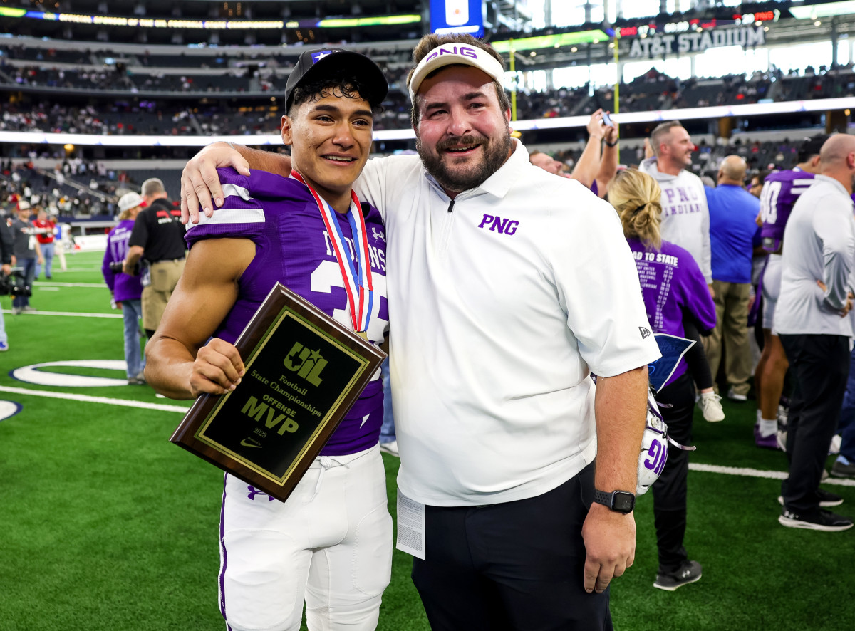Port Neches Groves kicker Gio Ocegura (left) was named offensive MVP of the 5A Division II state title game at AT&T Stadium in December. 