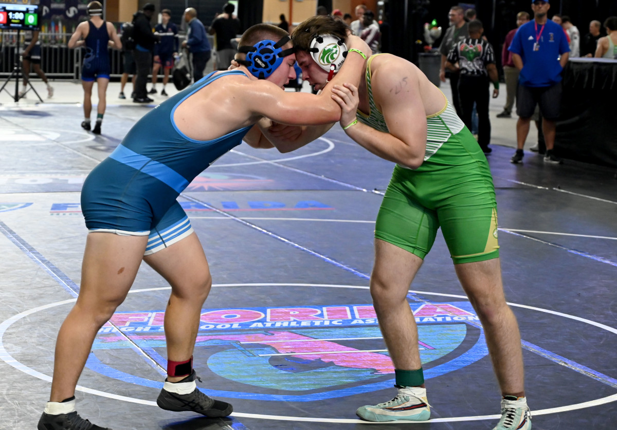 Tim Gray of Crystal Rivers advances to the championship match with this win against Ashton Anderson of South Effingham in a 285-pound match on Saturday at the Knockout Christmas Classic at Silver Spurs Arena in Kissimmee. 