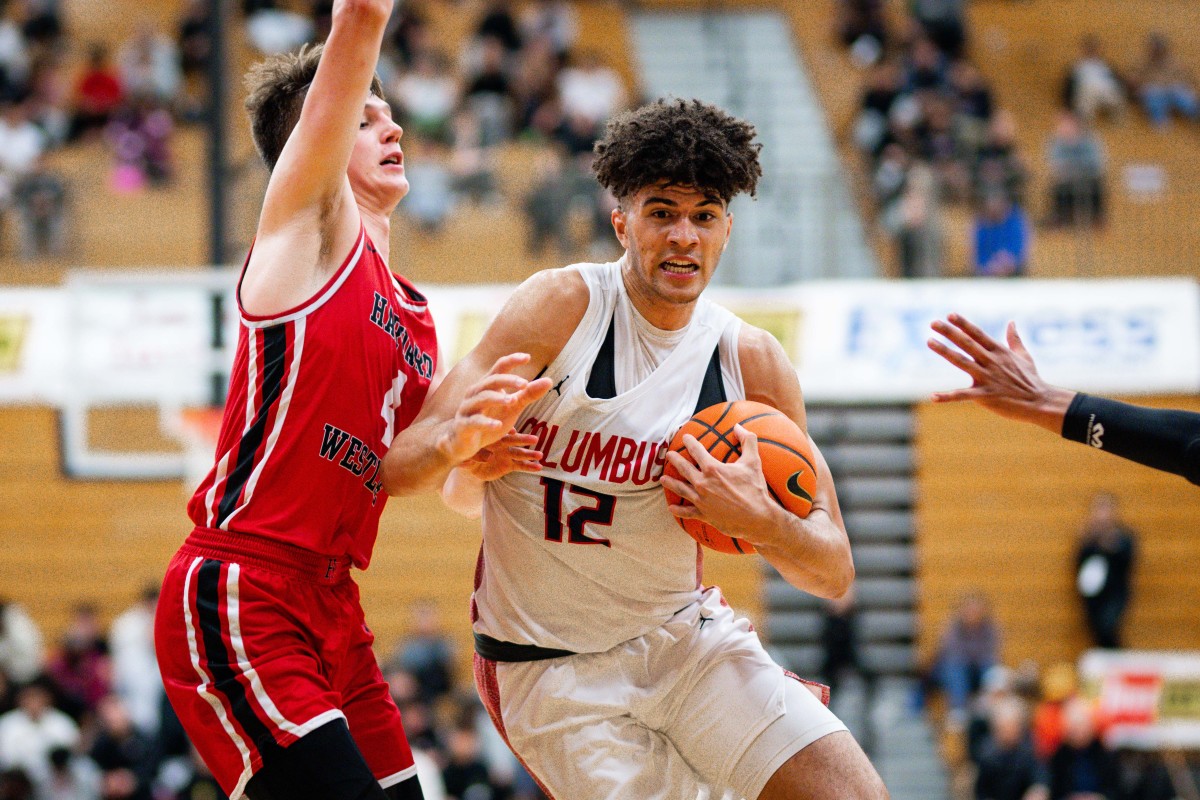 Columbus five-star junior Cameron Boozer drives the lane during a win over Harvard-Westlake (California) in the Les Schwab Invitational championship game on Dec. 30, 2023.