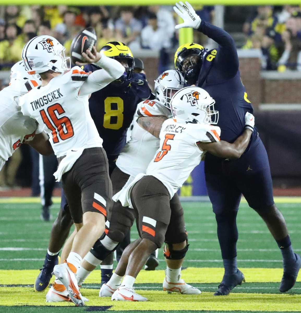 Michigan defensive end Enow Etta rushes against Bowling Green quarterback Hayden Timosciek during the second half of Michigan's 31-6 win on Saturday, Sept. 16 2023, in Ann Arbor.