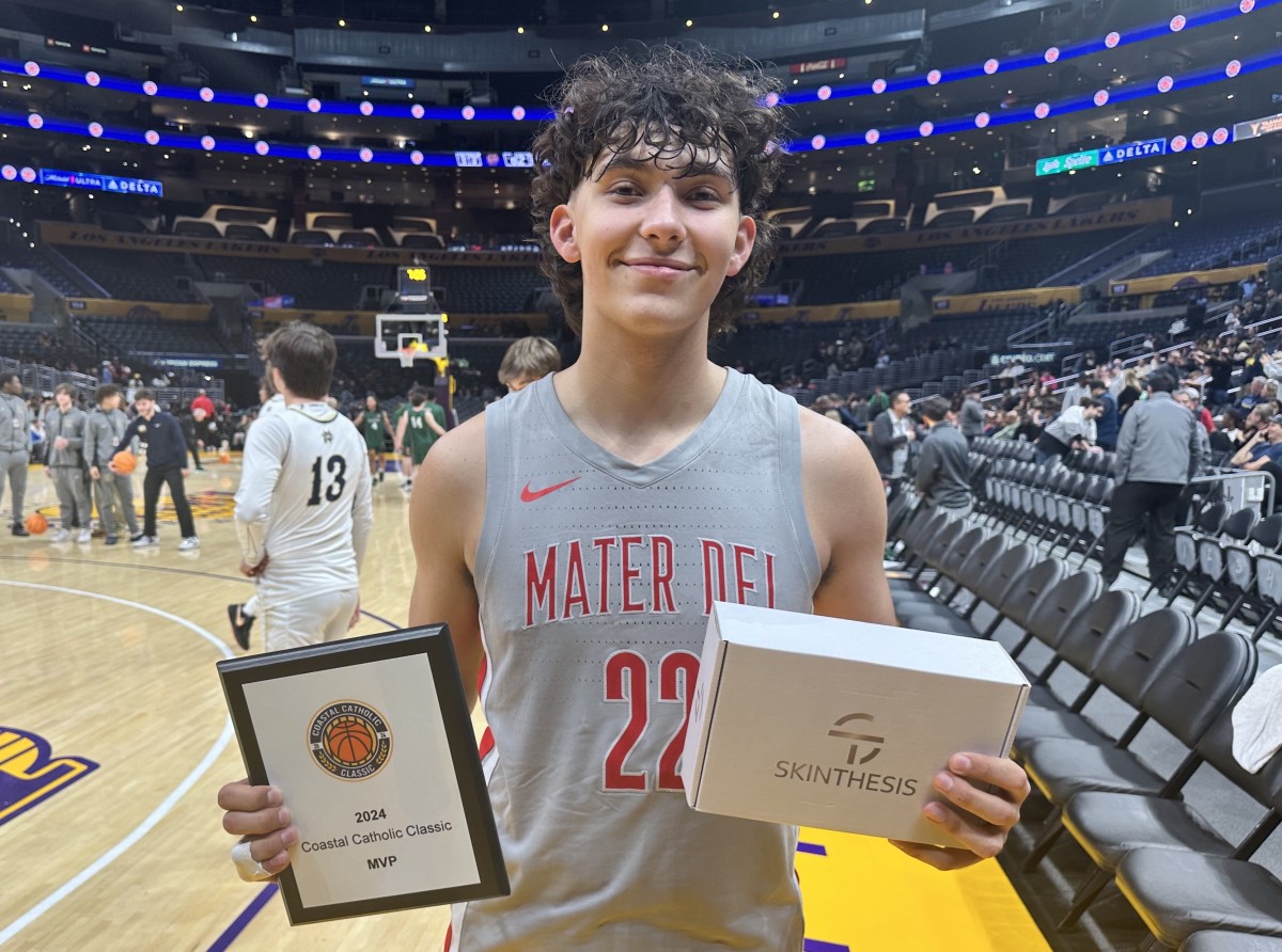 Brandon Benjamin of Mater Dei scored 18 points on 9 of 10 shooting to anchor the Monarch's 83-62 win over St. John Bosco in the Coastal Catholic Classic at Crypto.com Arena on Jan. 6, 2023.