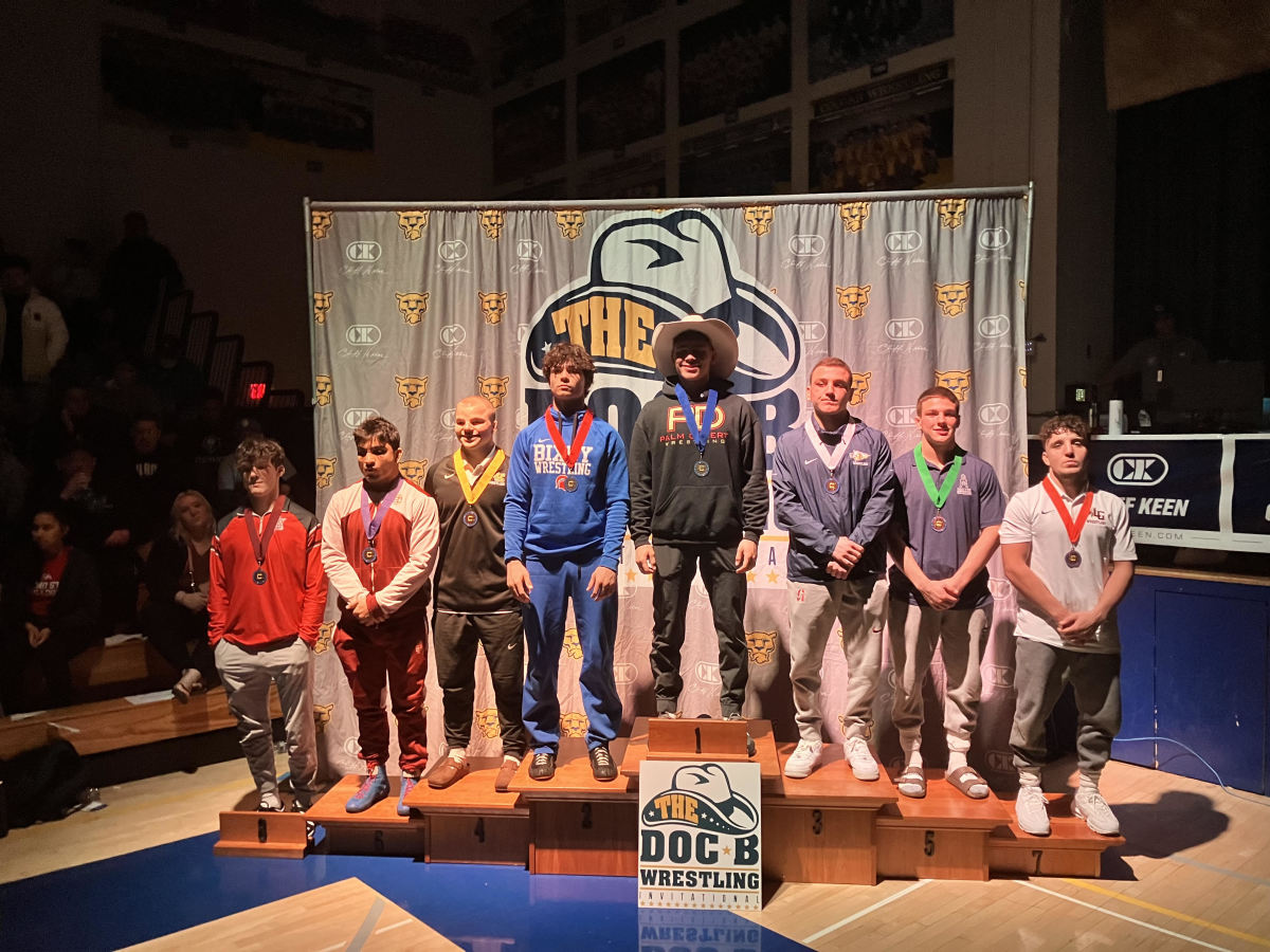 Gianni Maldonado (far right), from Lake Gibson, stands on the podium with all the medalist in the 160-pound division at the Don Buchanan Invitational in Clovis, California on Saturday. Maldonado, who is a defending state champion in Florida, finished seventh.