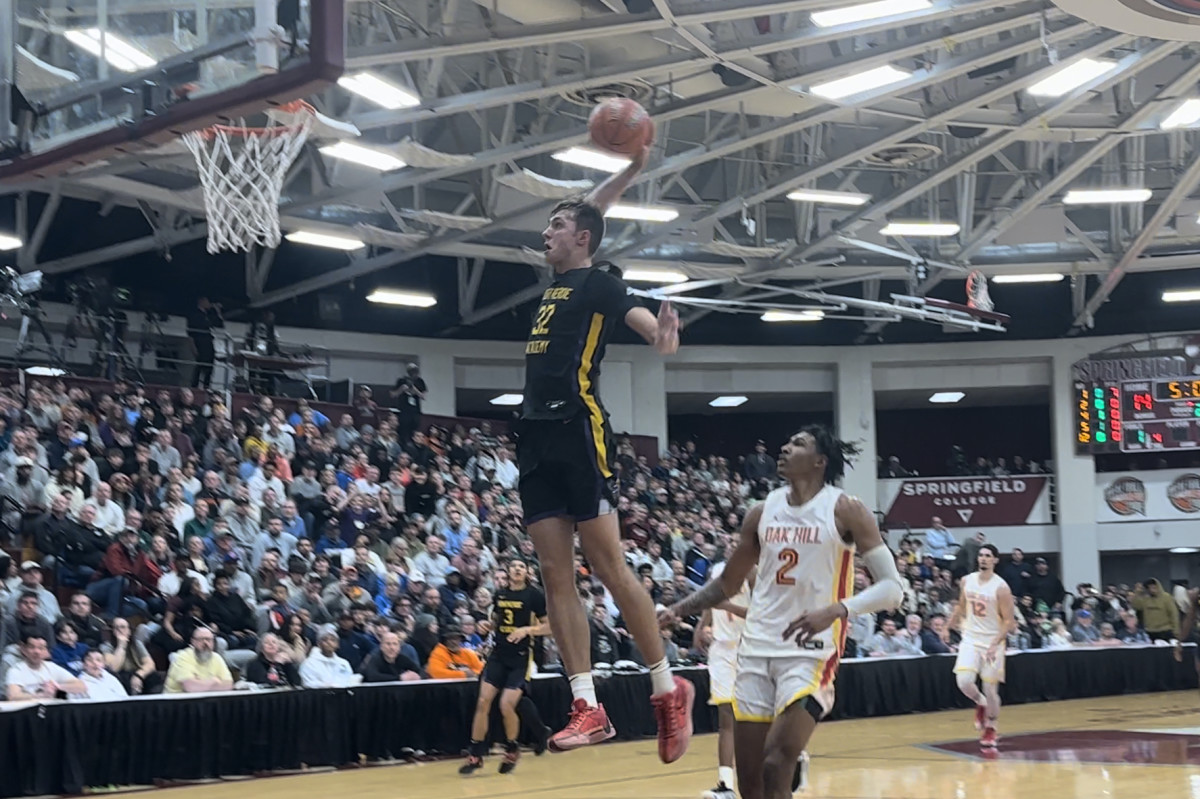 Montverde's Cooper Flagg skies for a dunk during a game against Oak Hill Academy at the Hoophall Classic in Springfield, Massachusetts.