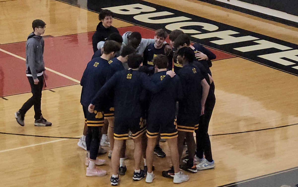 St. Ignatius players huddle prior to their game agianst Buchtel on January 27, 2024