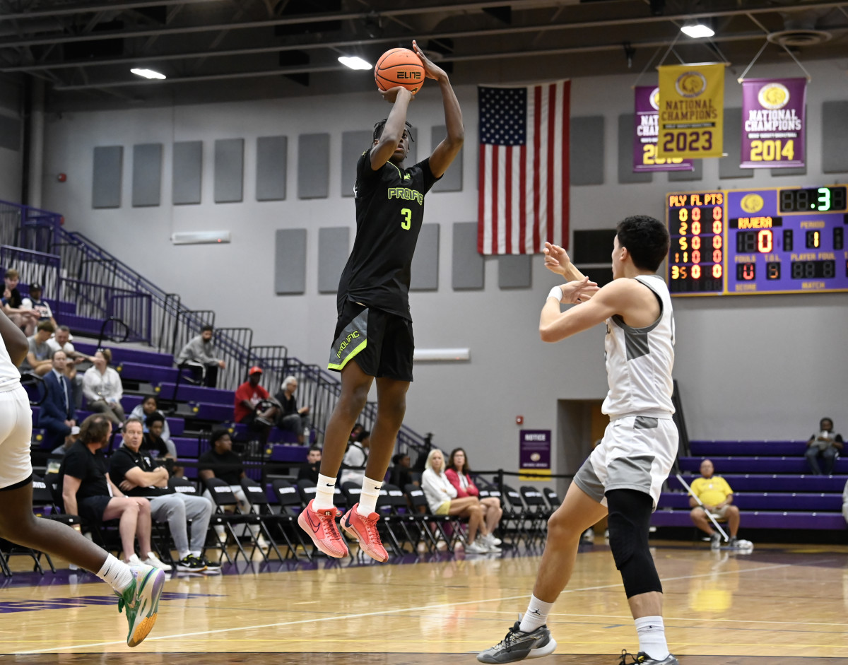 Prolific Prep junior AJ Dybantsa rises up for a jumper in a win against Riviera Prep (Florida) at the MAIT on Jan. 25, 2024.